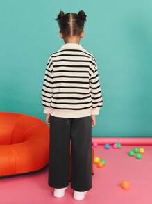 SHEIN Back-To-School Autumn Career Day Young Girl Striped Collar Long Sleeve Polo Shirt & Pants Set, Preppy Loose Casual Comfortable Clothes For Young Girls - Black and White - View 2