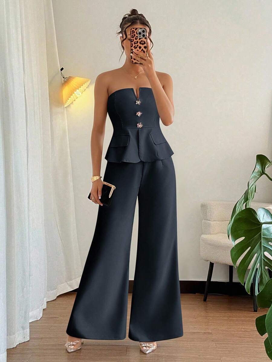 2 bộ trang phục dự tiệc mùa xuân và mùa hè thanh lịch nút hồng, áo ống peplum và quần ống rộng - Màu xanh hải quân - Xem 1