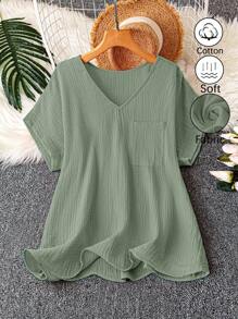 Linhara Plus Size Casual Solid Color Batwing Sleeve Shirt - Green - View 1