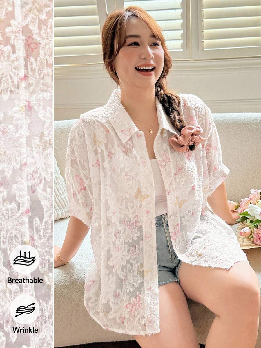 SHEIN LUNE Áo sơ mi ngắn tay mùa hè họa tiết cầu vồng jacquard dành cho nữ cỡ lớn, áo kiểu nữ cỡ lớn chống nắng và thời trang, cổ ve áo hơi trong suốt, áo kiểu đi biển dễ thương, áo kiểu ren. - Nhiều màu - Xem 1