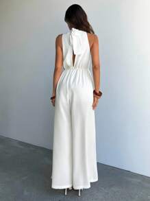 Aloruh Women's Pleated Sleeveless Wide Leg White Linen Jumpsuit - White - View 3