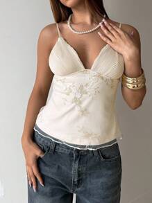 Aloruh Women's Sexy Elegant Deep V-Neck Embroidered Solid Color Ruched Bust Crop Top,Homecoming Tops,Cute Tops Women,Airport For Women,Women Going Out Top,Women Vacation Top, Island Vacation,Women Dating Top,Women Night Out Top - Apricot - View 4