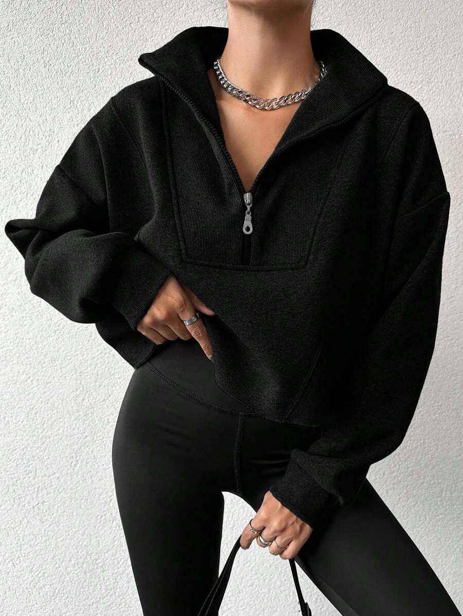 EURMUSE 女士休闲纯色拉链超大连帽衫 - 黑色 - 查看 1