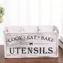 SHEIN Rustic Wooden Kitchen Utensil Holder | 1pc | Wood Material | 3-Compartment Storage Box, Countertop & Wall-Mounted Organizer | Kitchen Accessories For Cook, Eat, Bake Tools |