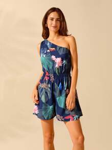 CAJUNI 女式休闲夏季褶皱腰无袖印花连体衣 - 黑色 - 查看 4