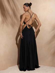 Hauture Váy Maxi xẻ cao gợi cảm khoét sâu dành cho nữ có chi tiết khoen tròn, mặc đi nghỉ dưỡng mùa hè, đi nghỉ dưỡng - màu đen - Xem 2