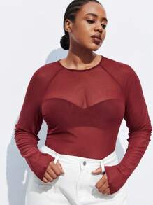 Maija Femmes grande taille Top transparent à manches longues raglan, col rond, couleur unie. Automne, rentrée scolaire, homecoming, vintage, romantique, mode, polyvalent ; confortable, élégant, casual, simple, porter au quotidien, essentiel, couleur unie, décontracté pour les vacances, décent, célibataire, mode élégante, décontracté pour le travail, sortie, remise des diplômes, enseignante, automne