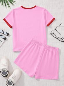 SHEIN Tween Girls Casual Simple Short Sleeve Shorts 2 Pieces Set, Suitable For Summer Cherry Outfit Cherry Shorts Set Girls Cherry Top Cherry T Shirt Pink Cherry Set