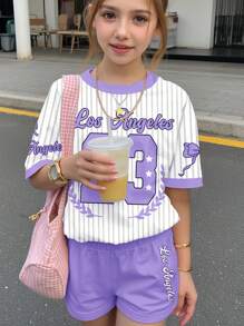 SHEIN Leap Crew 青少年女孩白色夏季牛仔風返校休閒極簡短袖上衣與短褲兩件套，青少年棒球風運動服飾 - 彩色 - 查看 3