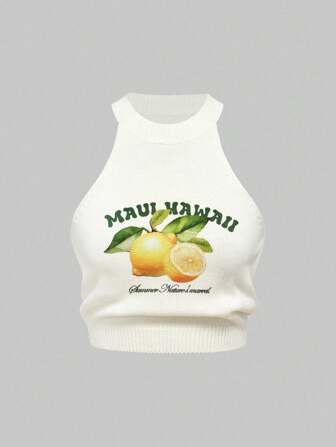 Summer American Sexy Girl Knitted Spaghetti Strap Lemon Print Slim-Fit Sleeveless Cropped Tank Top