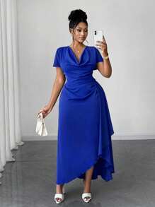 Maweii Plus-size gedrapeerde hals, korte mouwen, splitzoom, casual werkjurk
