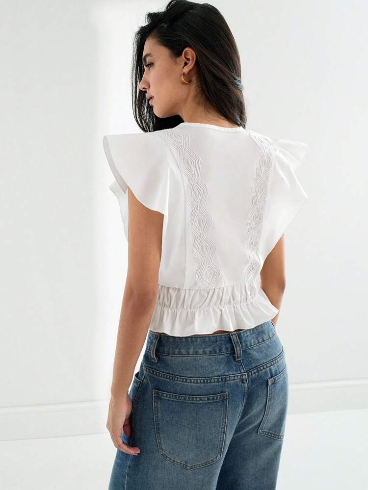 SHEIN Maija 2025 New Summer Women's White Cinched Waist Ruffle Sleeve Embroidered Sweet Bohemian Casual Blouse, For Daily/Beach Vacation