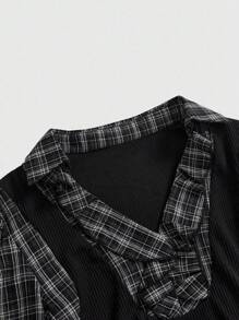 ROMWE Fall Women Skirts Back To School Gothic College Plaid Patchwork Mock 2 Pieces Women Long Sleeve Blouse