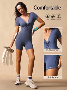 VARSITIE Combinaison skinny de sport à dos nu de couleur unie - Bleu azur - Voir 10