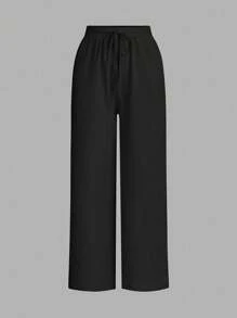 SHEIN Essnce 大码女士夏季宽松夏季高腰阔腿裤2件套宽松舒适休闲裤秋季长裤女两件套宽松舒适休闲裤 - 彩色 - 查看 3