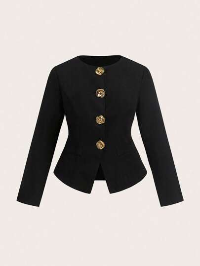 Sweetra Plus Size Long Sleeve Fitted Blazer With Decorative Large Button & Fake Pockets Fall Cloth For Women Autumn