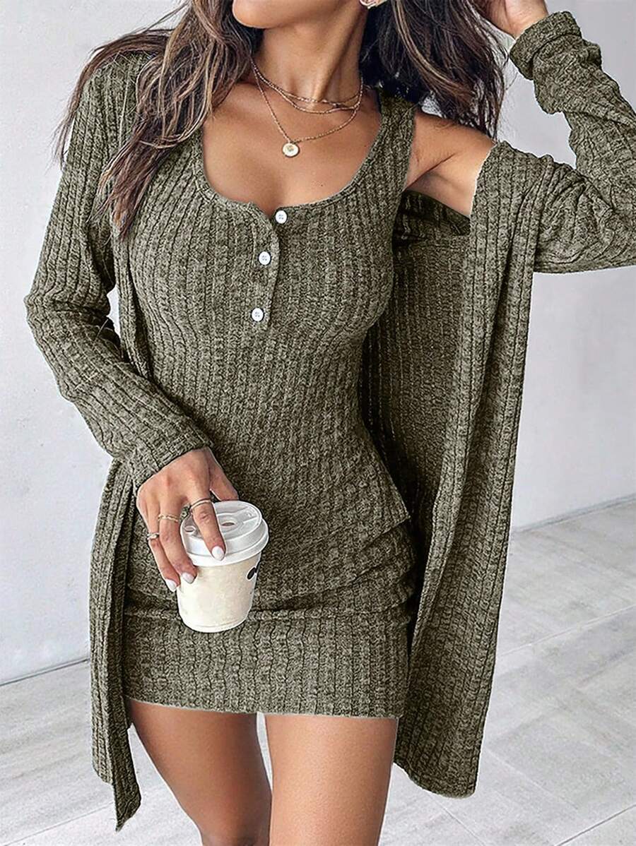 EMERY ROSE 女士性感两件套蓝色连衣裙，秋冬 - 軍綠色 - 查看 1