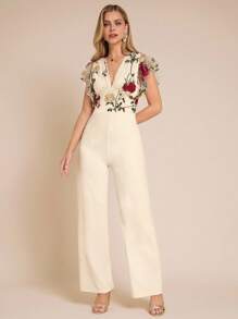 Amorya Elegant Women's V-Neck Mesh Floral Embroidered Ruffle Sleeve Apricot Color Jumpsuit Elegant Jumpsuits Embroidered Jumpsuit Floral Jumpsuit Palazzo JumpsuitAutumn And Winter Women's Clothing