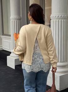 Easura Große Größen elegantes Color-Blocking Spitzen Patchwork Pullover mit offenem Rücken - Aprikosenfarben - Übersicht 5