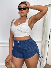 SHEIN SXY 大码夏季休闲抽绳侧修身牛仔短裤 - 藍色 - 查看 5