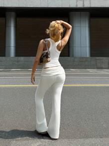 SHEIN 少女休闲舒适褶皱腰喇叭紧身裤，简约设计