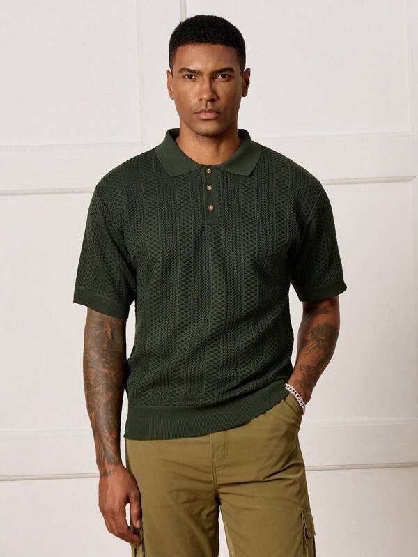 Manfinity CityGents Men's Summer Casual Short Sleeve Knit Top Old Money Aesthetic Green Short Sleeve Polo Shirt With Textured Knit For Comfortable Casual Looks