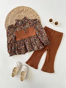 SHEIN Babygirl 可爱碎花长袖衬衫套装（秋冬） - 橘色 - 查看 2