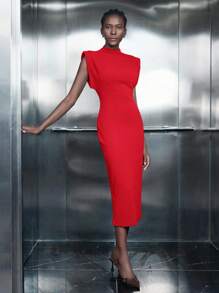 Maija Đầm ôm dáng hiện đại, thanh lịch, vai rộng màu đỏ tươi cho nữ, thiết kế áo chui đầu không tay có khóa kéo ẩn phía sau, viền xẻ tà dài vừa phải, thoải mái và ấm áp, phù hợp cho những dịp thường ngày trong công sở - Đỏ - Xem 8