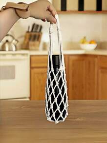 1 Hand-Woven Mesh Bag, Reusable Beverage Carrier, Coffee Cup Stand, Beverage Handbag, Decorative Mesh Bag - Multicolor - View 7