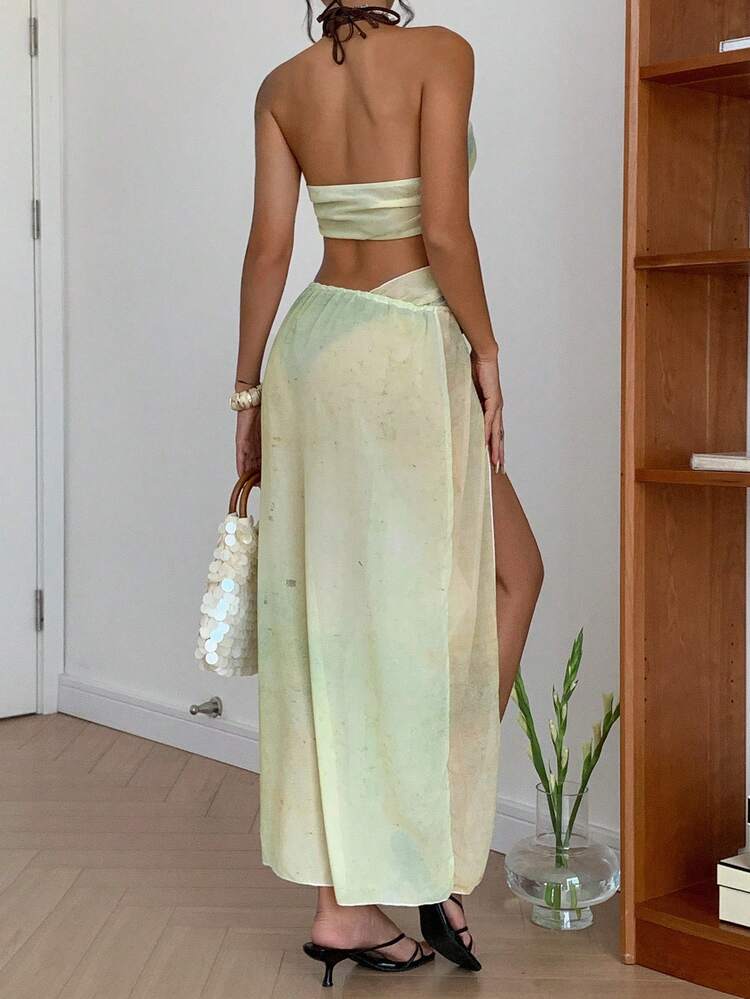 3pcs/Set Women Solid Color Sexy Halter Bikini Top, Bottoms & Cover Up Dress Cruise Outfit For Women