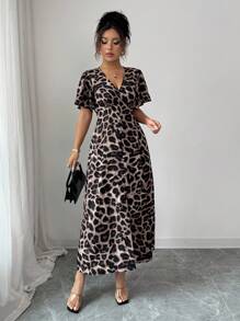 Selianne Elegantes, schickes, minimalistisches Damen Lässig Kleid in hochwertiger Stil, geeignet für Büro, Pendeln, Strand, Musikfestival, Nachmittagstee, französischer Riviera Stil, mit Leopard Muster, V-Ausschnitt, Taillenband, Knopfverzierung, A-Linie Saum, Schlitz, Puffärmel, knielang