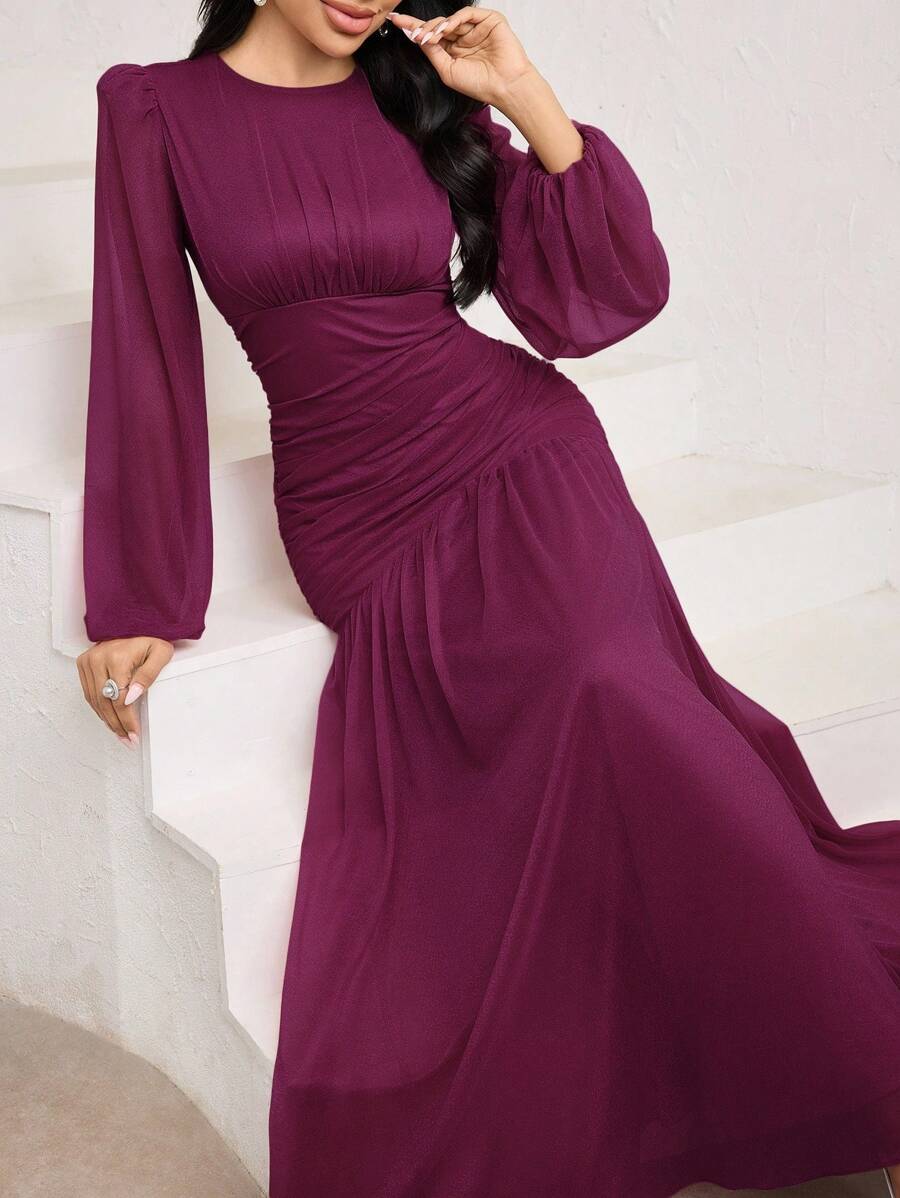 Veilorie Elegant Solid Color Lantern Sleeve Ruched Bodycon Dress - Hot Pink - View 1