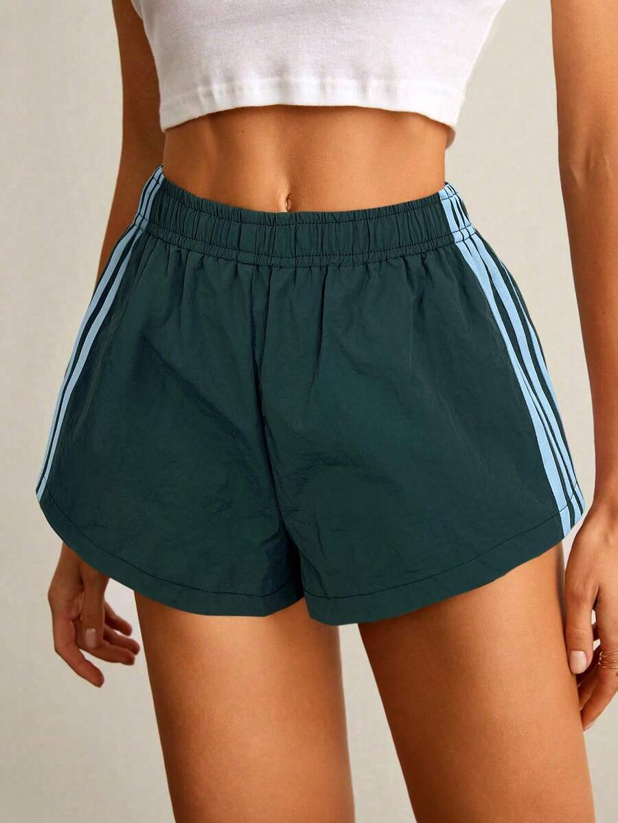 SHEIN Tall 女士侧条纹松紧腰休闲宽松短裤夏季女士短裤 - 藍色 - 查看 1