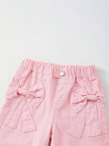 SHEIN Playful Pals 女孩休闲百搭百搭可爱蝴蝶结提花个性口袋舒适宽松直筒水洗牛仔裤，适合日常穿着 - 淺粉色 - 查看 5