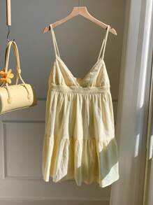 Comfortcana Women's Vacation Casual Beige Woven Spaghetti Strap Mini Dress Cotton - Apricot - View 3