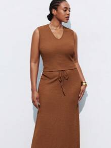 Maija Plus Size Chocolate Brown 2 Pieces Set,Sleeveless Top & Drawstring Waist Skirt,Summer Holiday Smart Casual,Modest Vintage Old Money Teacher Outfits - Rust Brown - View 5