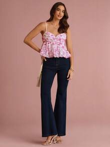 Enchnt Fall/Winter Romantic Women's Pink Floral Embroidery Print Ruffle Hem Cami Top, Fashionable For Vacation, Sweet & Elegant For Vacation & Date & Holiday & Birthday & Party & Graduation & Wedding Guest & Office & Going Out, Prom,Fall Top For Women,Fall,Back To School,Elegant Top For Party - Pink - View 3