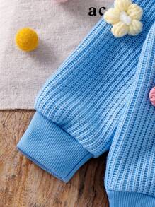 女婴冬季保暖针织花卉圆领毛衣和直筒裤 2 件/套 - 藍色 - 查看 3