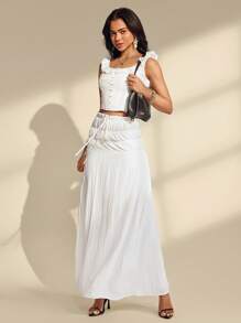 SHEIN Unity Women's Elegant Ruched Elastic Waist Maxi A-Line Skirt All White Casual Spring - White - View 4