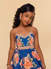 SHEIN Tween Girls Floral Print Woven Casual Spaghetti Strap Dress - Blue - View 5
