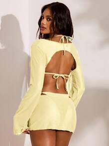 Opulessa Plain Beige Women Bikini Set With Knot Detail And Short Draped Cover-Up, Plain Beige Bikini Set With Long Sleeve, Drape Cover-Up And Short Length Style Yellow Cover Up, Elegant Vacation Outfits, Summer Beach Outfits, Sexy Club Outfits, Halloween, Christmas , New Year, Thanksgiving Outfits - Beige - View 2