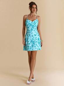 SHEIN BAE 纯绿色性感露背系带饰钉亮片装饰迷你连衣裙，适合女士穿着，优雅露背连衣裙，适合海滩、度假、夏季 - 藍色 - 查看 4