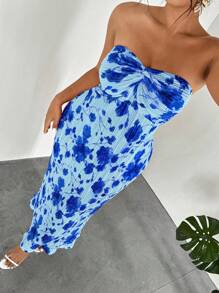 Firerie Váy maxi xếp ly lãng mạn thanh lịch cỡ lớn dành cho nữ, họa tiết hoa ombre, dáng chữ A, váy cưới bãi biển dáng chữ A bồng bềnh, váy mùa hè phong cách boho - Màu xanh lam - Xem 5