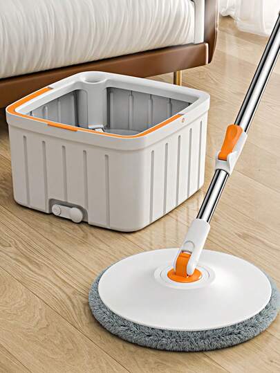 SHEIN Chamber Spin Mop With Bucket Hands Free Wringing System Stainless Steel Handle For Hardwood Tile Floor Wet Dry Cleaning Cotton Pad Floor Cleaner