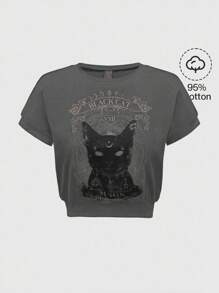 ROMWE Hippie Sun, Moon & Star Print Round Neck Casual Short Sleeve T-Shirt, Summer - Grey - View 1