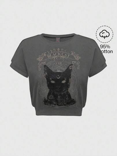 Hippie T-shirt décontracté à manches courtes avec imprimé soleil, lune et étoiles, col rond, été