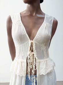 Maija Women's Apricot Summer Apparel, V-Neck Front Tie Ruffle Textured Embroidered Floral Fabric, Double Ruffle Hemline Tie Waist Sleeveless Elegant Fashionable Sexy Minimalist Bohemian Hawaiian Beach Resort Style Long Tank Top - Apricot - View 8