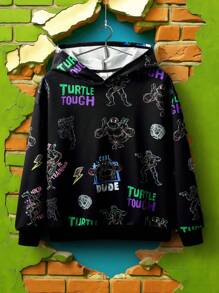 TEENAGE MUTANT NINJA TURTLES | SHEIN Tween Boy Cartoon & Letter Graphic Black Casual Versatile Hoodie - Black - View 1