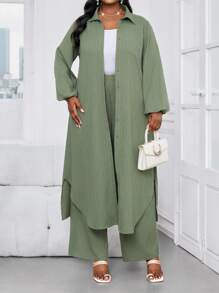 SHEIN Lady 秋冬休闲优雅工作军绿色梭织衬衫领主教袖口袋长袖加大码套装女士办公室服装女士休闲套装秋季女装女士冬季服装教堂服装女士商务休闲冬装秋装 - 綠色 - 查看 6