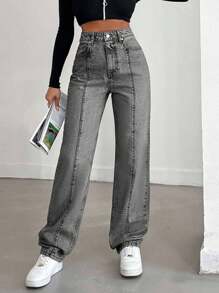 EURMUSE 100%Cotton Solid Color Straight Leg Jeans - Light Grey - View 5